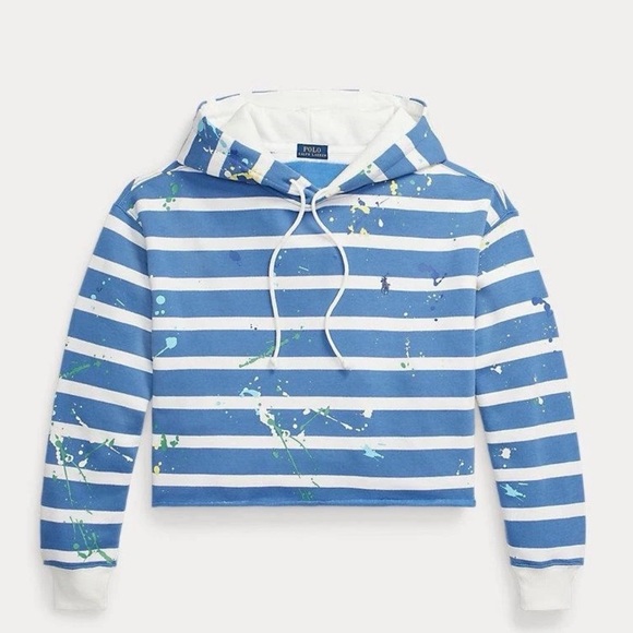 Polo Ralph Lauren cropped striped Fleece paint splatter hoodie Sz L - Picture 4 of 11